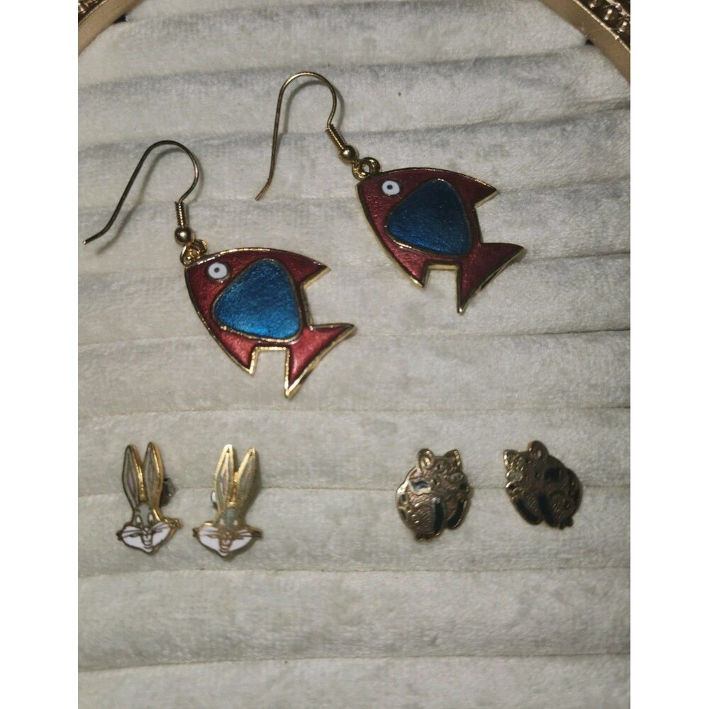 3 Pair Of Mixed Animal Enamel And Cloisonne Earrings